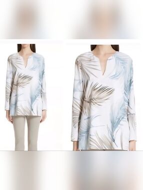 Lafayette 148 New York White V-Neck Tunic with Blue & Taupe Palm Print Medium